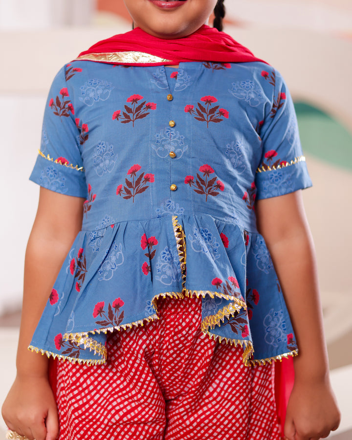 Girls Blue & Red Floral Peplum Sharara Set (Set of 3)