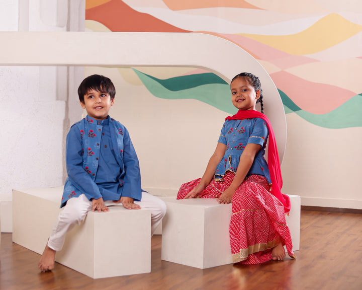 Girls Blue & Red Floral Peplum Sharara Set (Set of 3) + Boys Blue Floral Jacket & Kurta Pyjama Set (Set of 3)