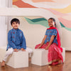 Girls Blue & Red Floral Peplum Sharara Set (Set of 3) + Boys Blue Floral Jacket & Kurta Pyjama Set (Set of 3)