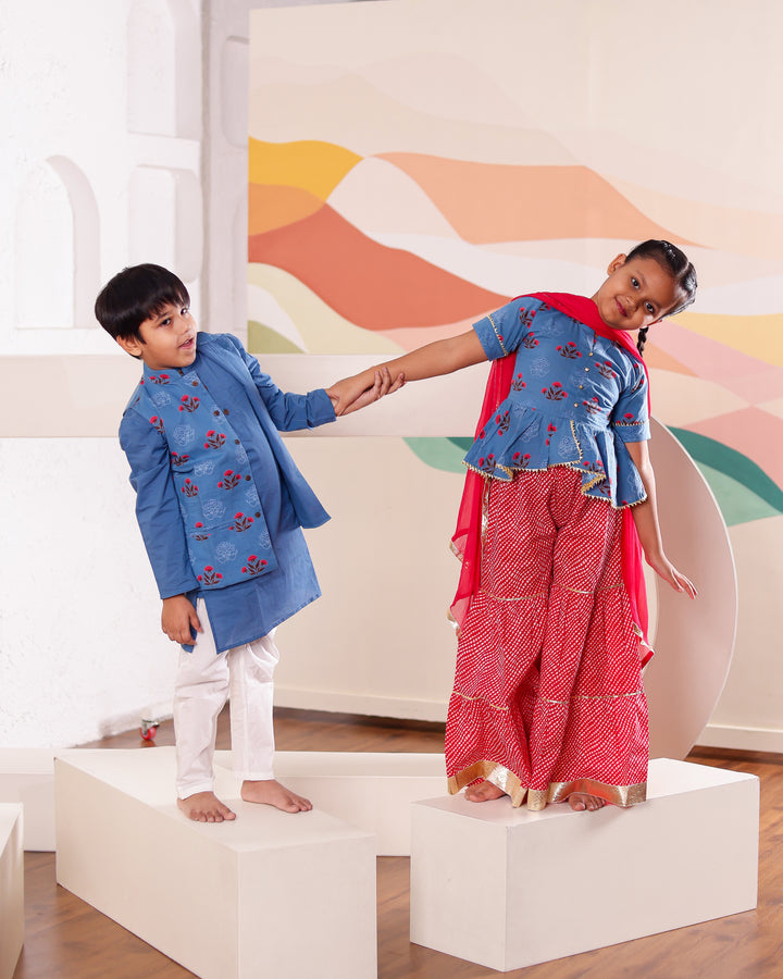 Girls Blue & Red Floral Peplum Sharara Set (Set of 3) + Boys Blue Floral Jacket & Kurta Pyjama Set (Set of 3)