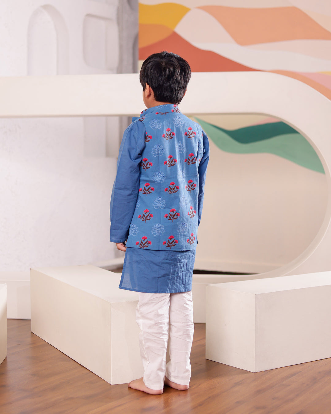 Boys Blue Floral Jacket & Kurta Pyjama Set (Set of 3)