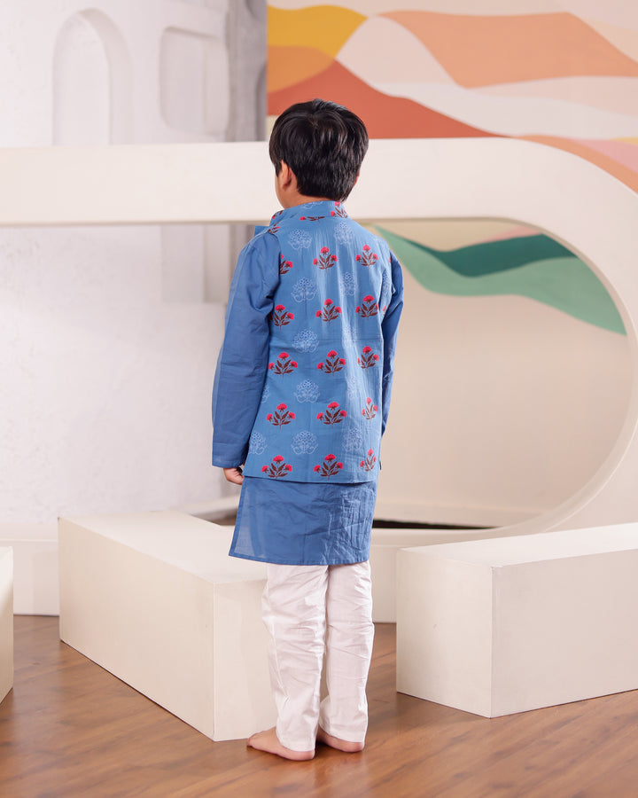 Boys Blue Floral Jacket & Kurta Pyjama Set (Set of 3)