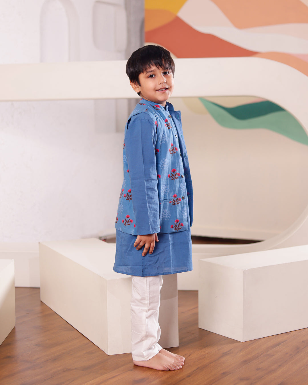 Boys Blue Floral Jacket & Kurta Pyjama Set (Set of 3)