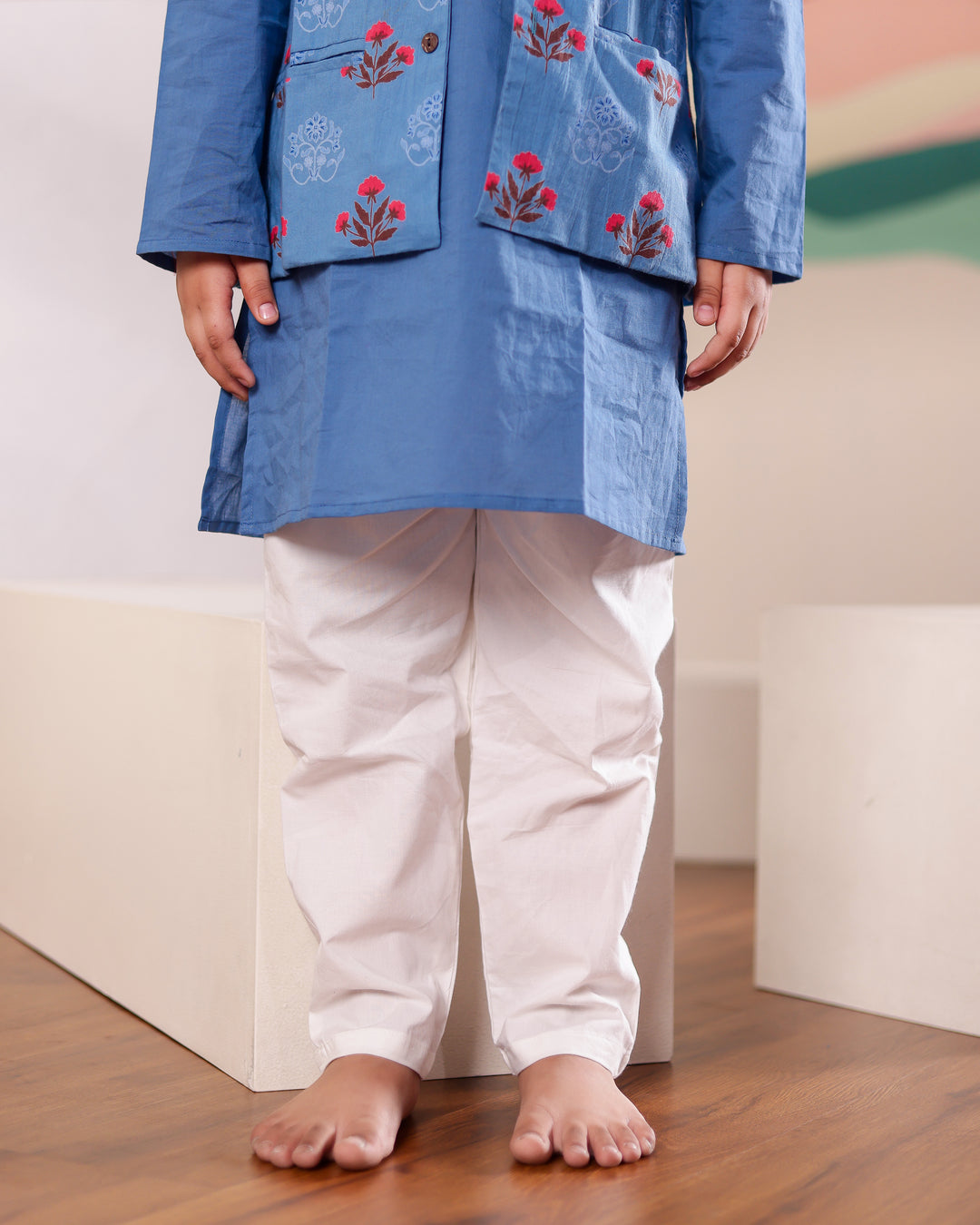 Boys Blue Floral Jacket & Kurta Pyjama Set (Set of 3)