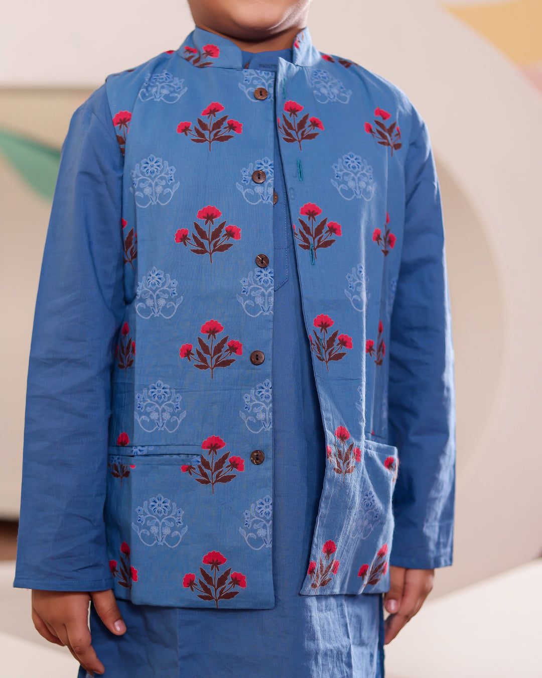 Boys Blue Floral Jacket & Kurta Pyjama Set (Set of 3)