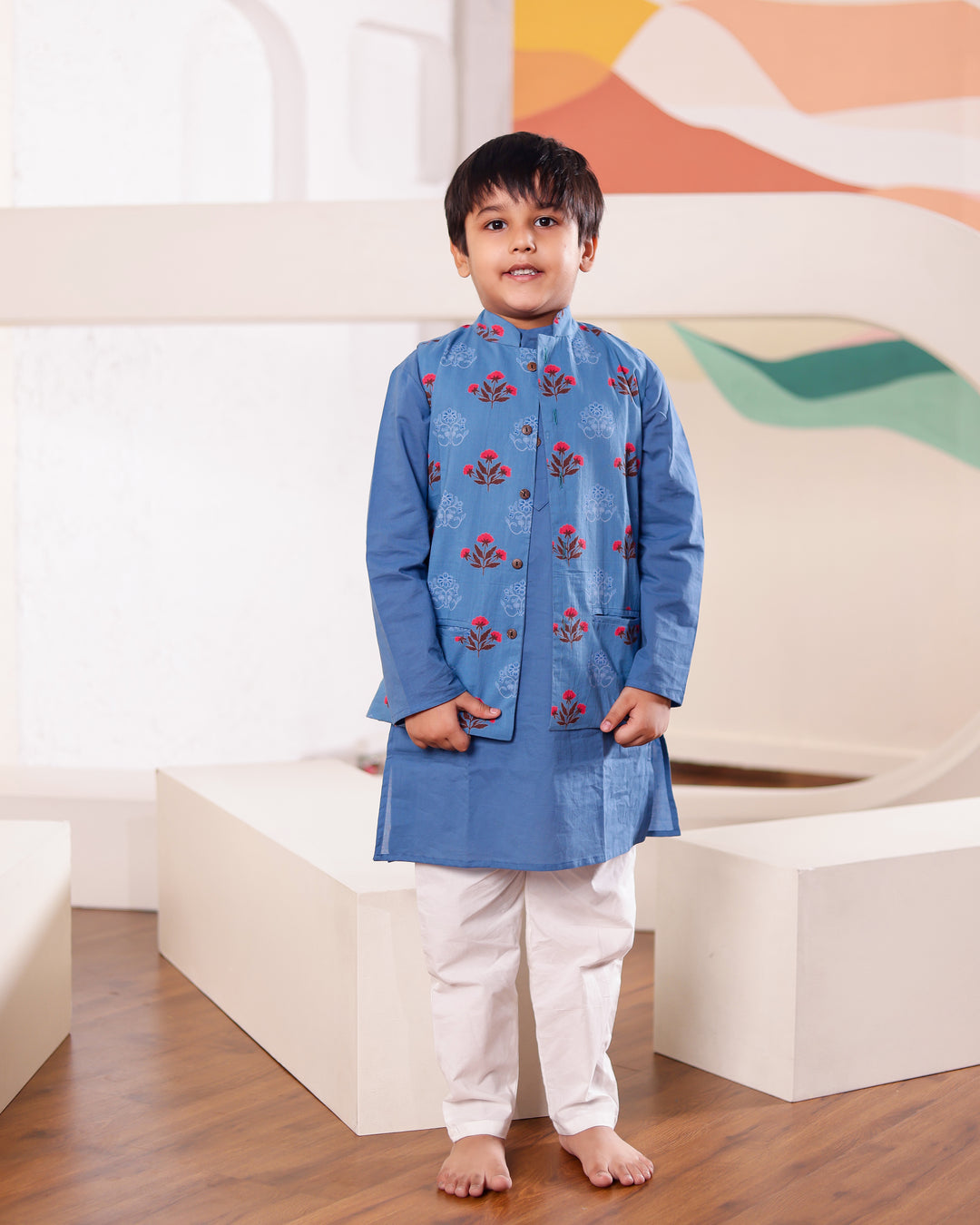 Boys Blue Floral Jacket & Kurta Pyjama Set (Set of 3)