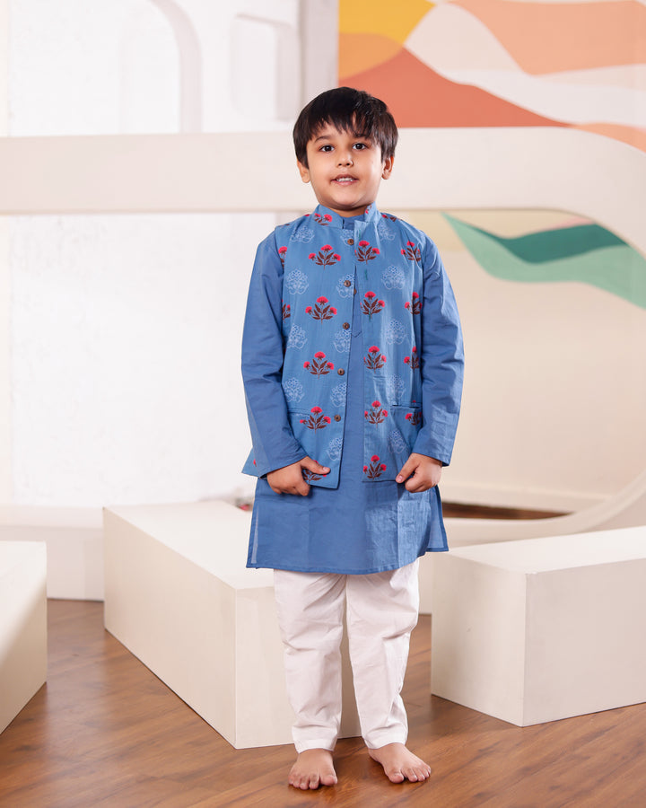 Boys Blue Floral Jacket & Kurta Pyjama Set (Set of 3)