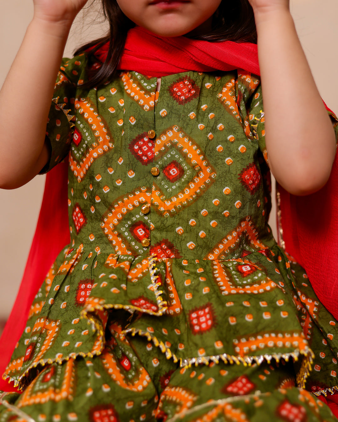 Girls Olive Green Bandhani Print Sharara with Dupatta Set (Set of 3)