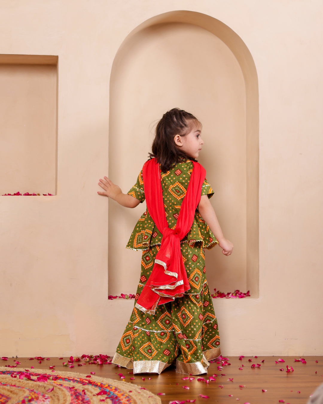 Girls Olive Green Bandhani Print Sharara with Dupatta Set (Set of 3)