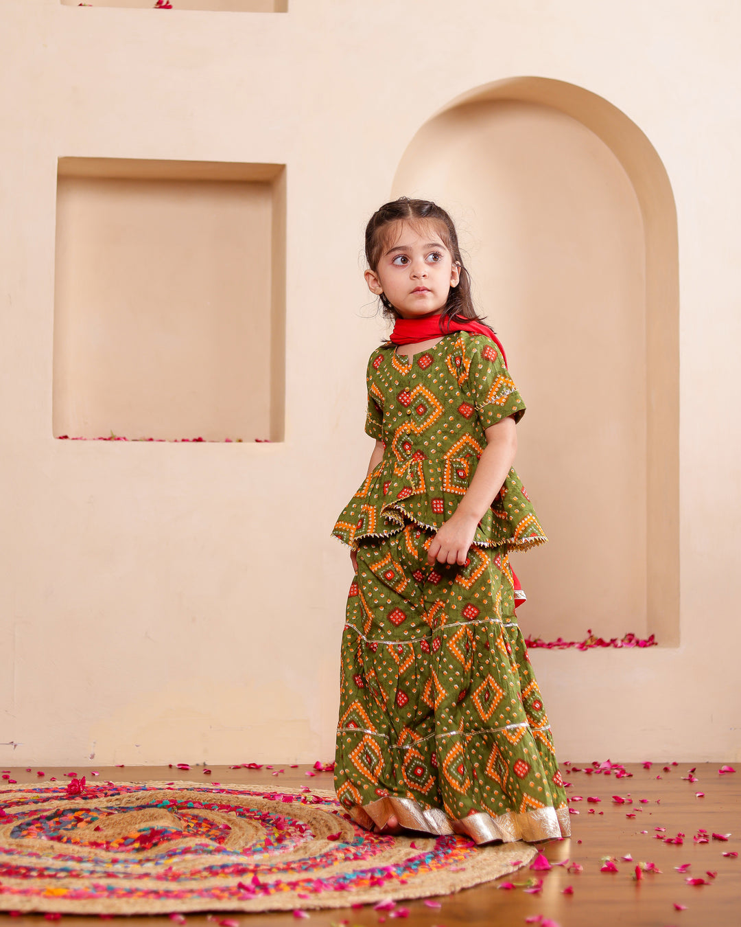 Girls Olive Green Bandhani Print Sharara with Dupatta Set (Set of 3)