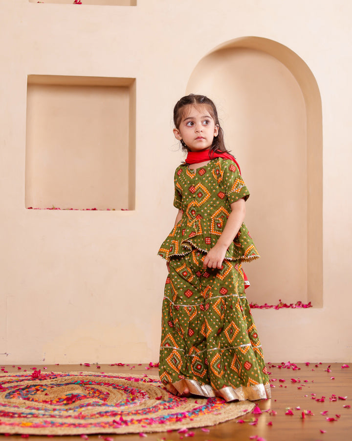 Girls Olive Green Bandhani Print Sharara with Dupatta Set (Set of 3)