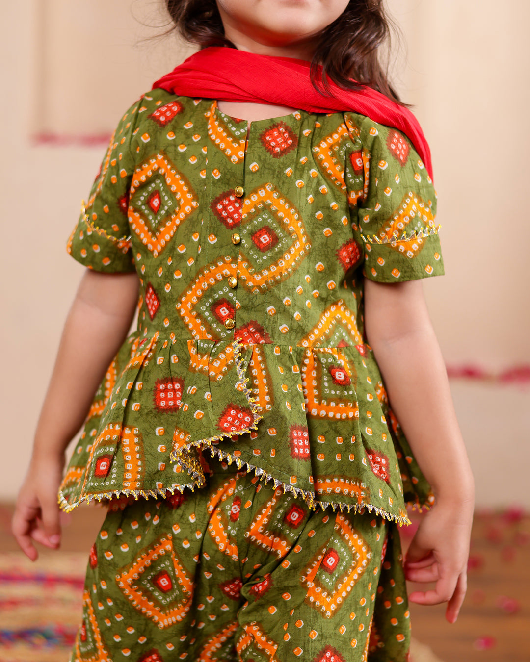 Girls Olive Green Bandhani Print Sharara with Dupatta Set (Set of 3)
