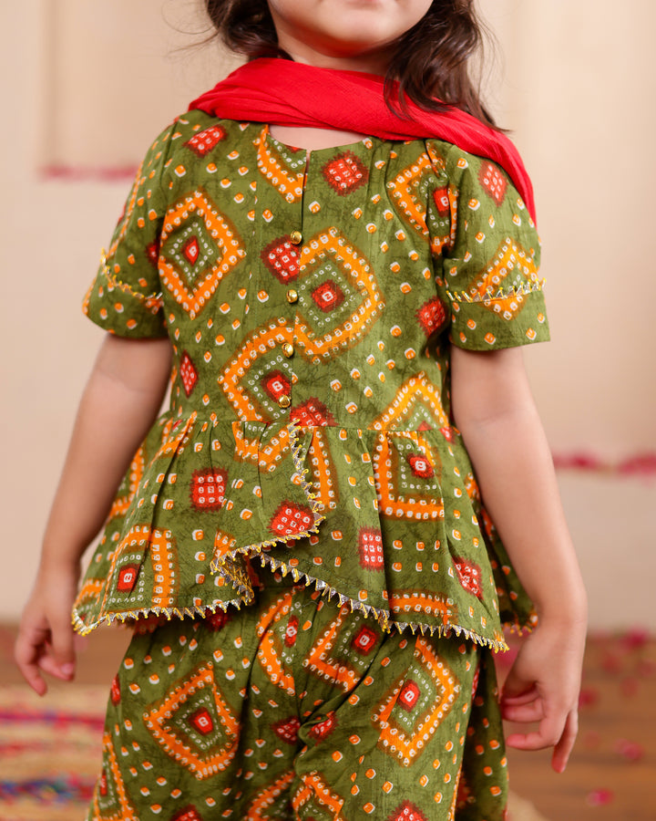 Girls Olive Green Bandhani Print Sharara with Dupatta Set (Set of 3)