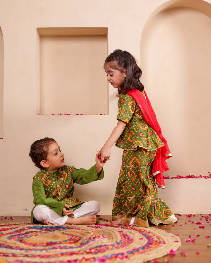 Girls Olive Green Bandhani Print Sharara with Dupatta Set (Set of 3) + Boys Olive Green Bandhani Print Jacket with Kurta & Pajama Set (Set of 3)