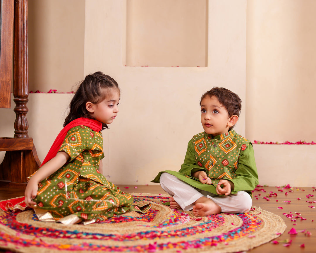Girls Olive Green Bandhani Print Sharara with Dupatta Set (Set of 3) + Boys Olive Green Bandhani Print Jacket with Kurta & Pajama Set (Set of 3)
