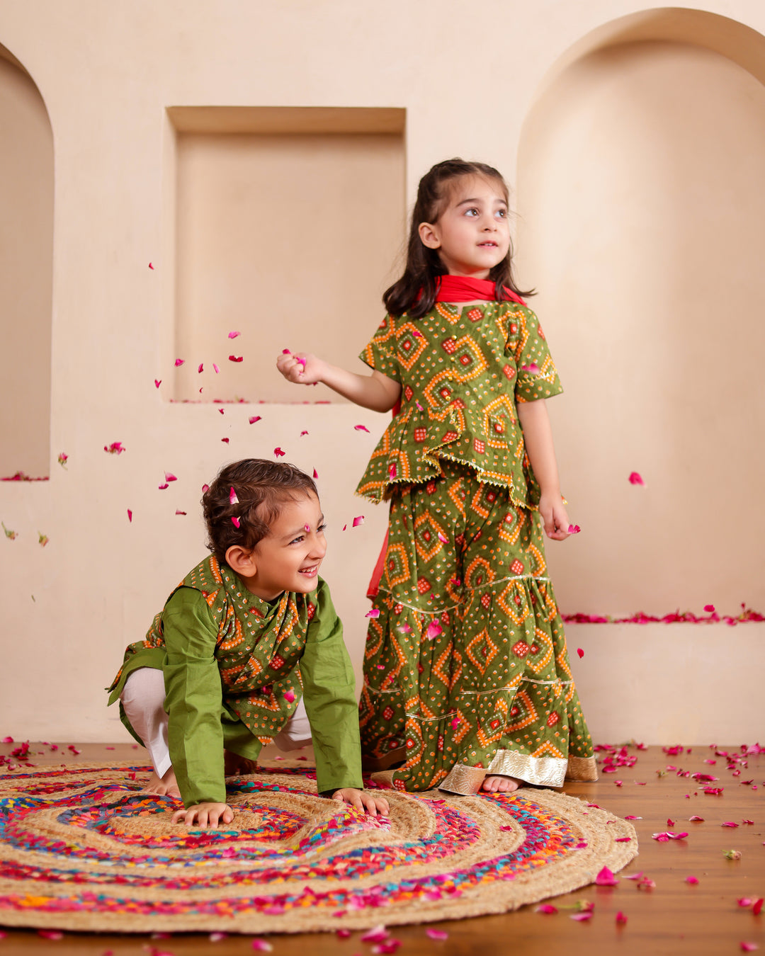 Girls Olive Green Bandhani Print Sharara with Dupatta Set (Set of 3) + Boys Olive Green Bandhani Print Jacket with Kurta & Pajama Set (Set of 3)