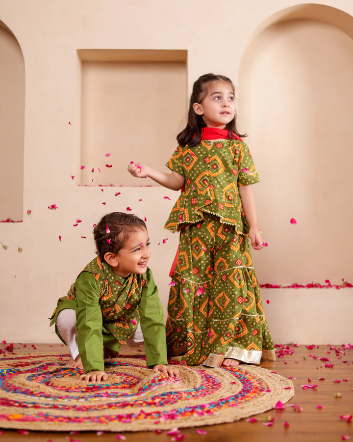Girls Olive Green Bandhani Print Sharara with Dupatta Set (Set of 3) + Boys Olive Green Bandhani Print Jacket with Kurta & Pajama Set (Set of 3)