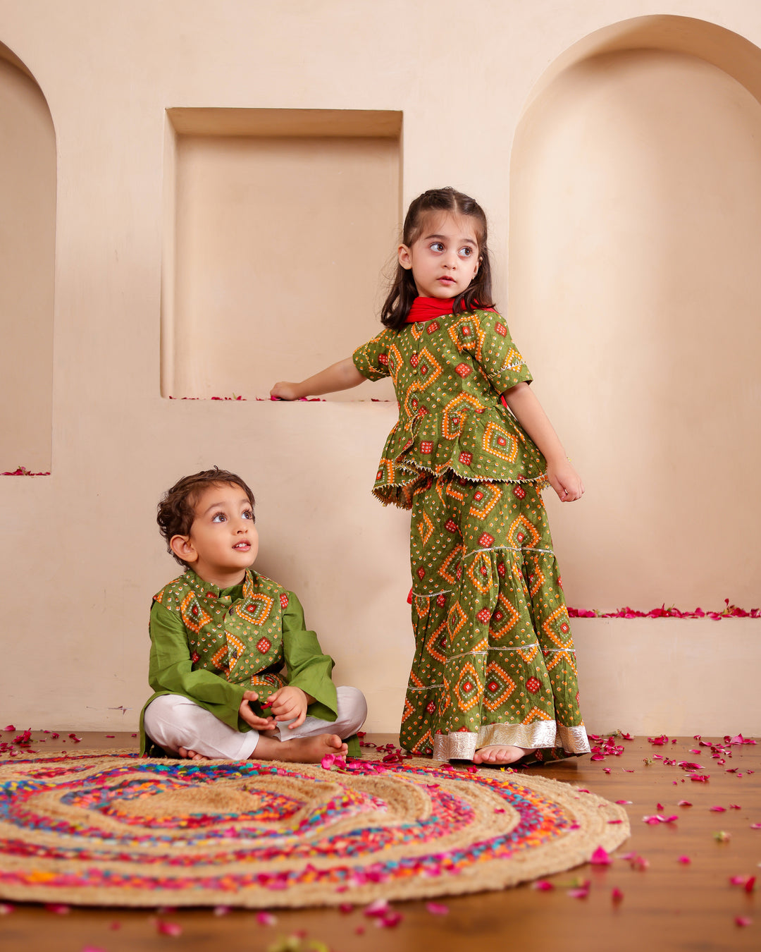 Girls Olive Green Bandhani Print Sharara with Dupatta Set (Set of 3) + Boys Olive Green Bandhani Print Jacket with Kurta & Pajama Set (Set of 3)