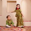 Girls Olive Green Bandhani Print Sharara with Dupatta Set (Set of 3) + Boys Olive Green Bandhani Print Jacket with Kurta & Pajama Set (Set of 3)