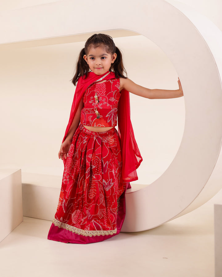 Girls Red Bandhani Print Lehenga Choli Set (Set of 3)