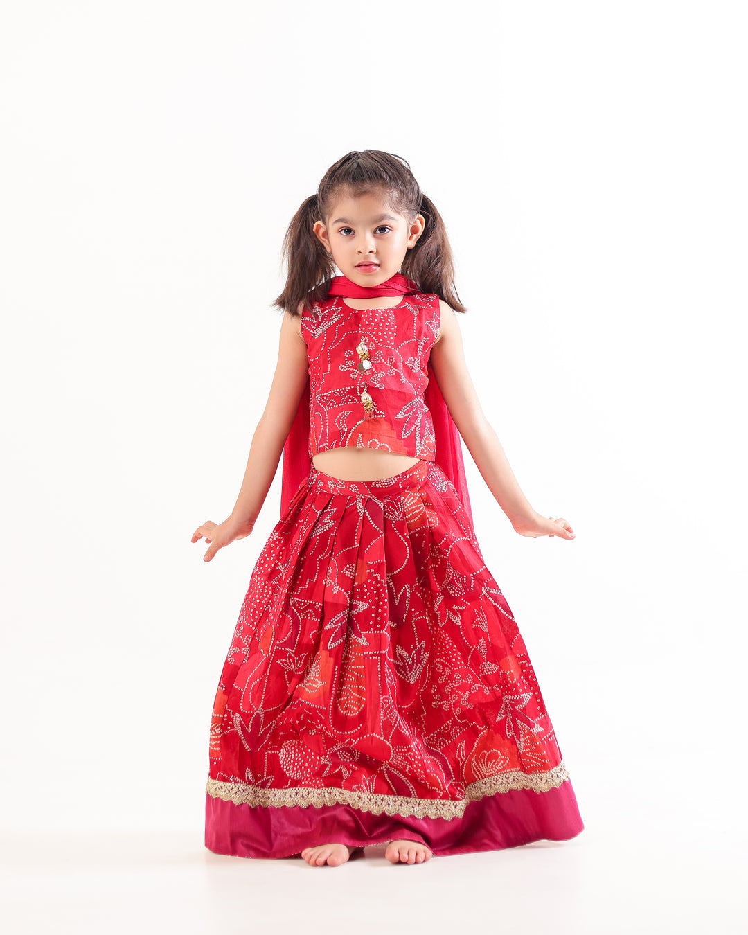 Girls Red Bandhani Print Lehenga Choli Set (Set of 3)