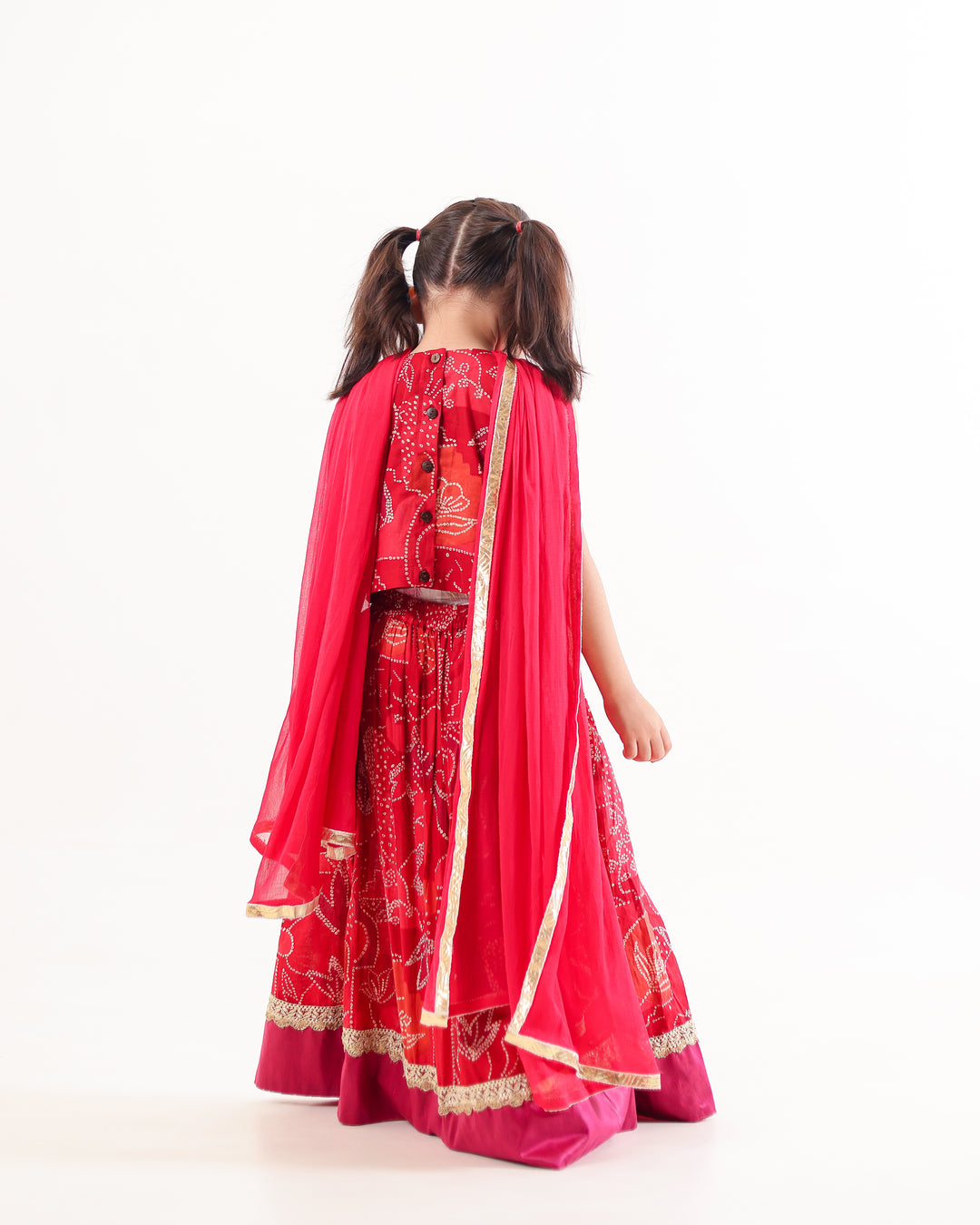 Girls Red Bandhani Print Lehenga Choli Set (Set of 3)