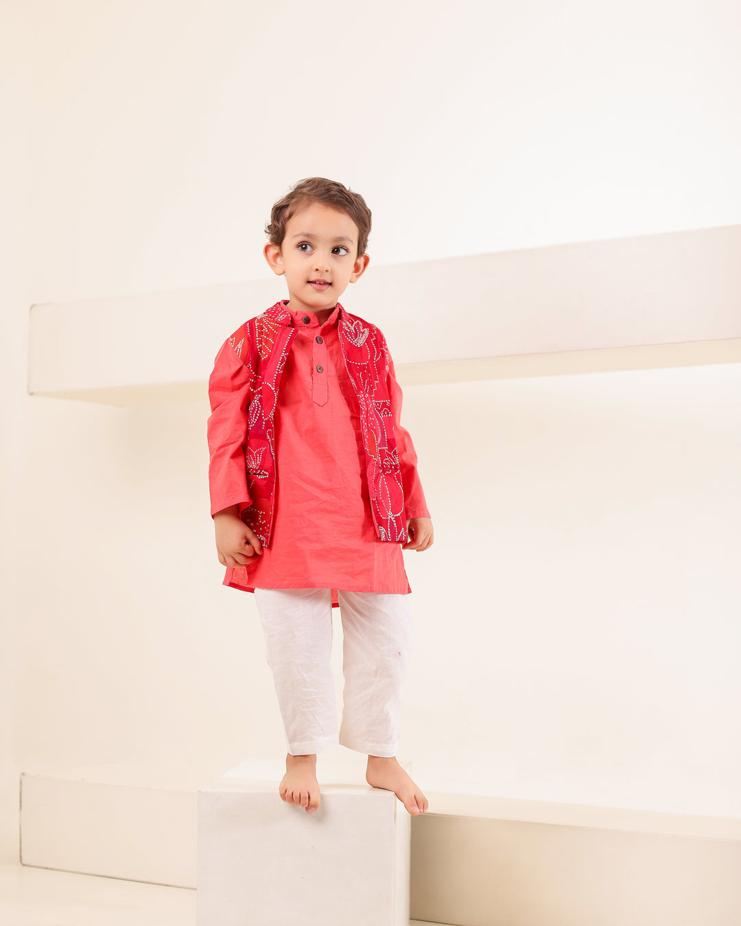 Girls Red Bandhani Print Lehenga Choli Set (Set of 3) + Boys Red Bandhani Festive Kurta Jacket Set (Set of 3)