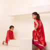 Girls Red Bandhani Print Lehenga Choli Set (Set of 3) + Boys Red Bandhani Festive Kurta Jacket Set (Set of 3)