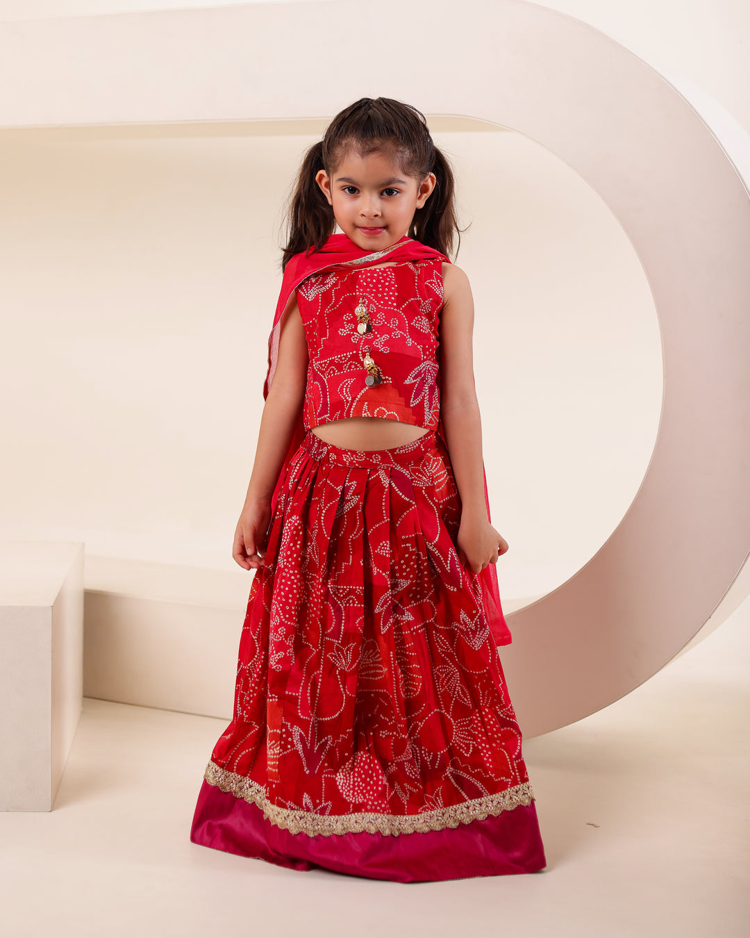 Girls Red Bandhani Print Lehenga Choli Set (Set of 3) + Boys Red Bandhani Festive Kurta Jacket Set (Set of 3)