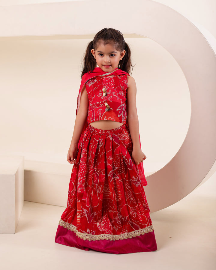 Girls Red Bandhani Print Lehenga Choli Set (Set of 3) + Boys Red Bandhani Festive Kurta Jacket Set (Set of 3)