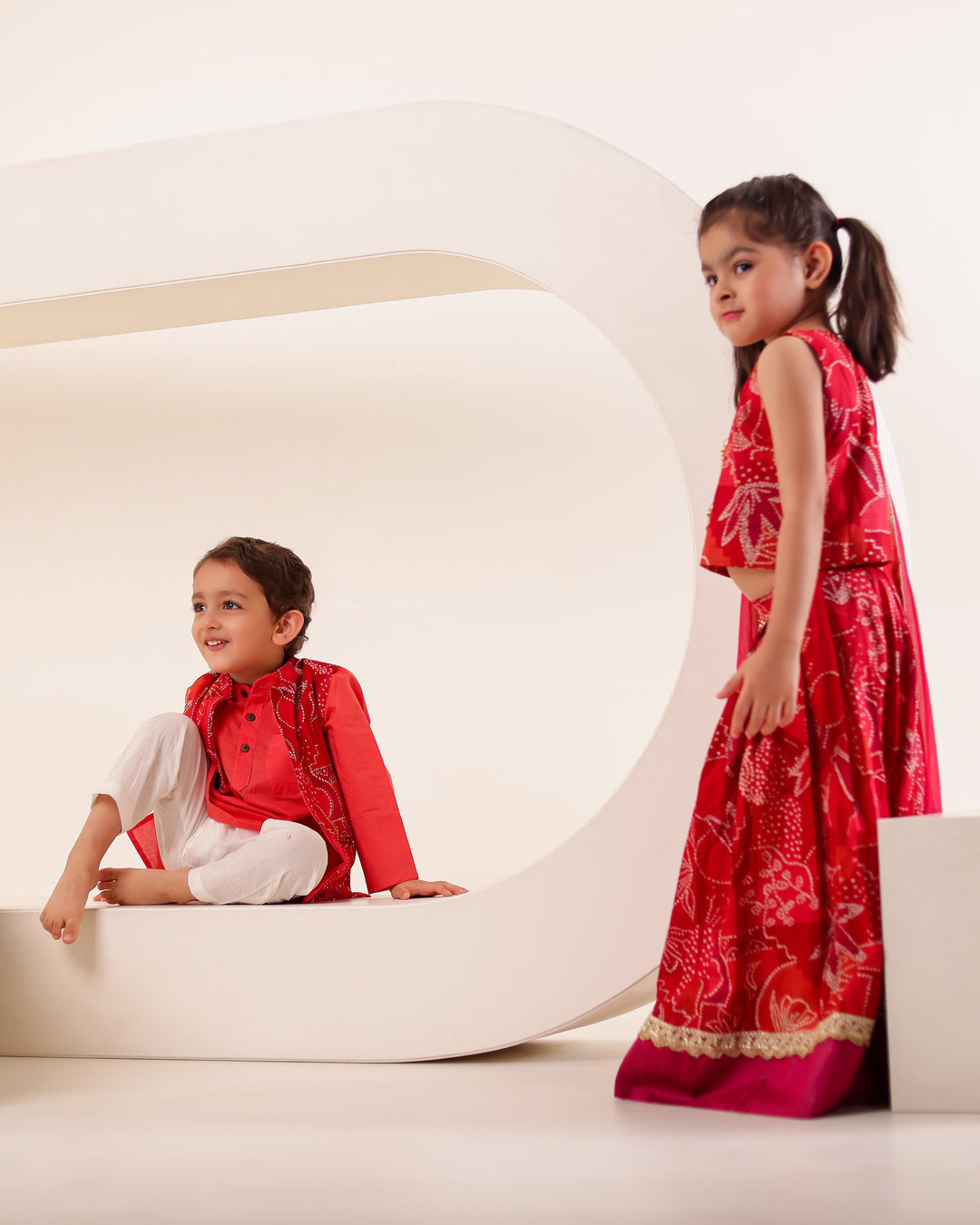 Boys Red Bandhani Festive Kurta Jacket Set (Set of 3)