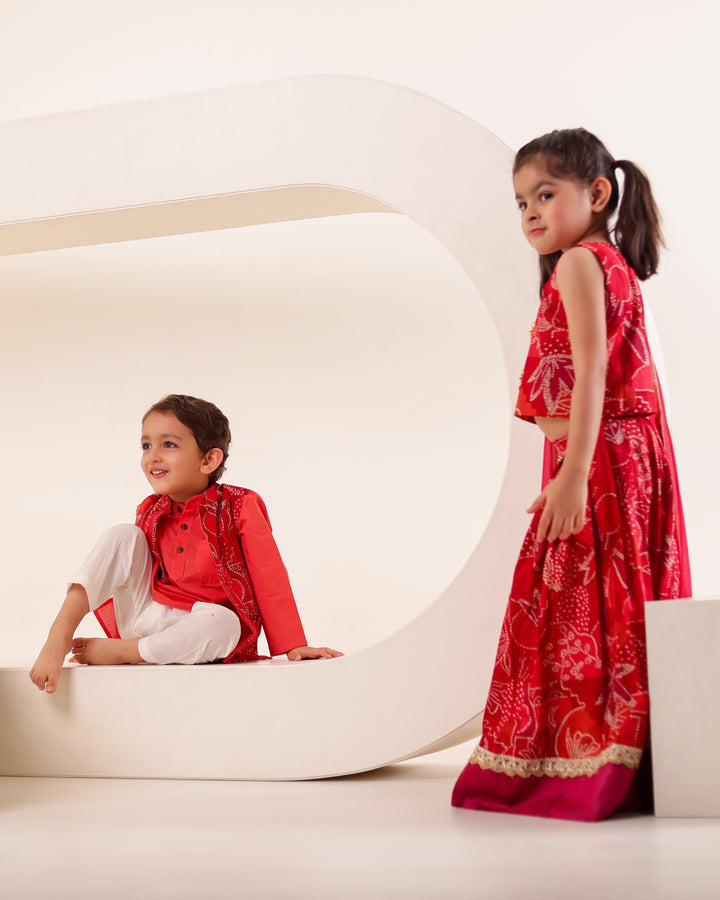 Boys Red Bandhani Festive Kurta Jacket Set (Set of 3)