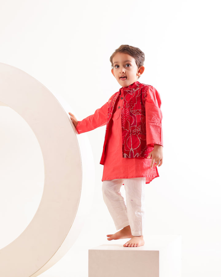 Boys Red Bandhani Festive Kurta Jacket Set (Set of 3)