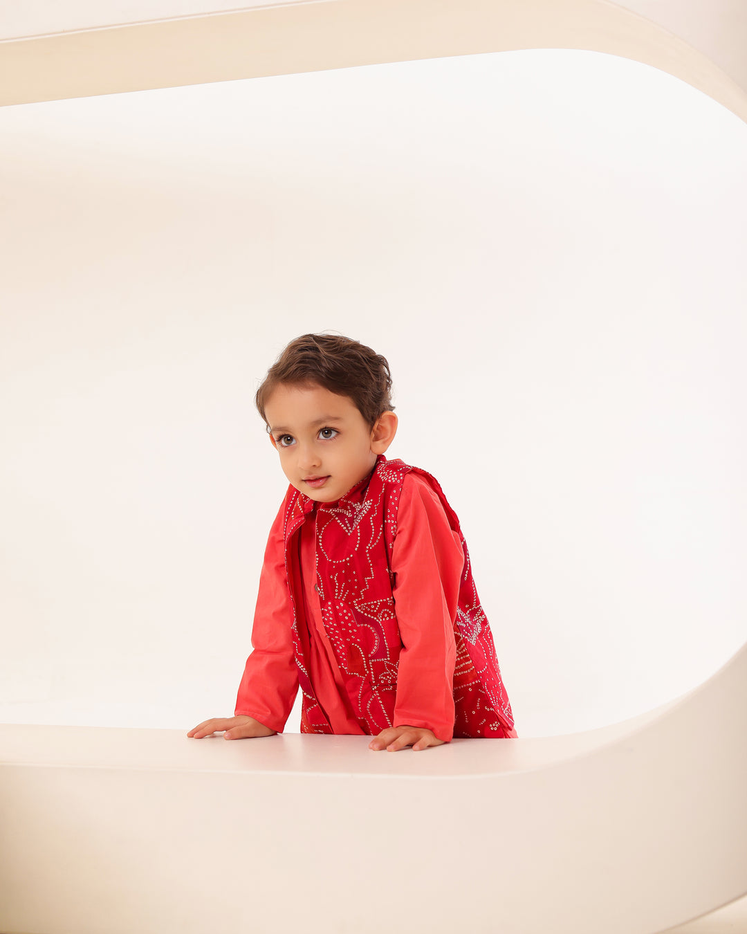 Boys Red Bandhani Festive Kurta Jacket Set (Set of 3)