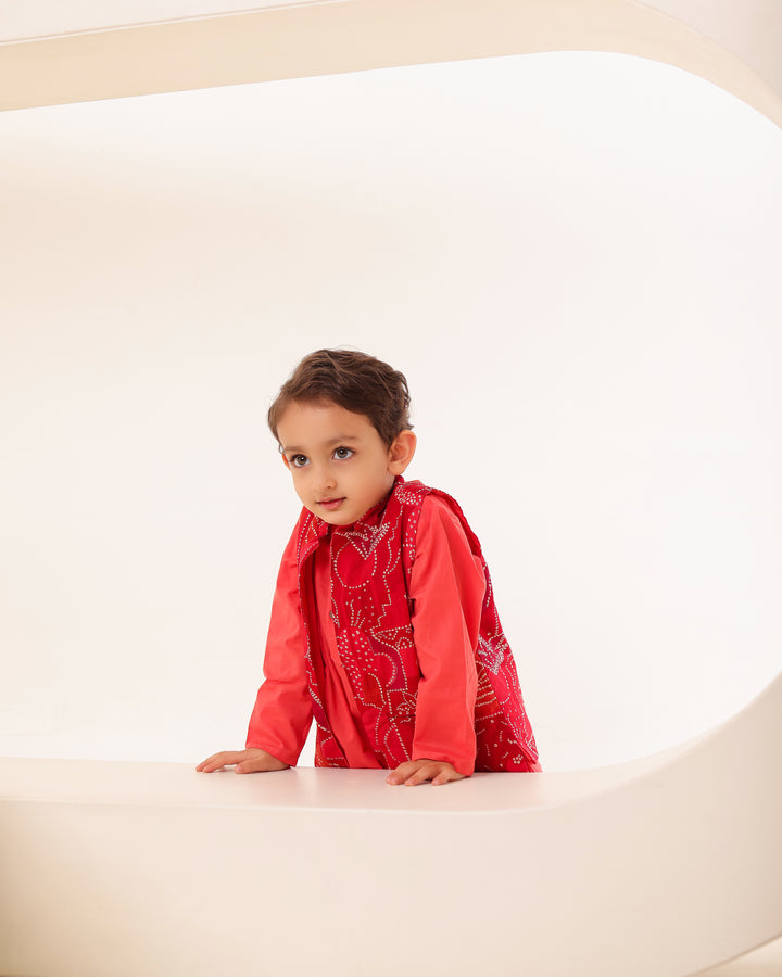 Boys Red Bandhani Festive Kurta Jacket Set (Set of 3)