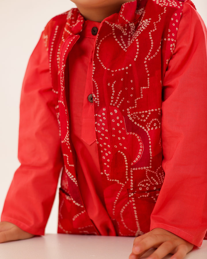 Boys Red Bandhani Festive Kurta Jacket Set (Set of 3)