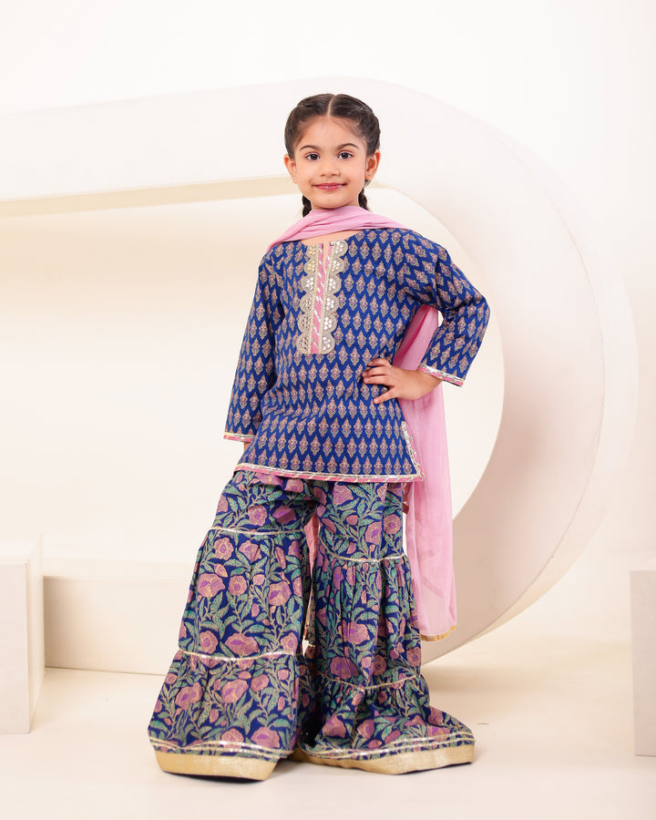 Girls Blue & Pink Floral Sharara Set (Set of 3)