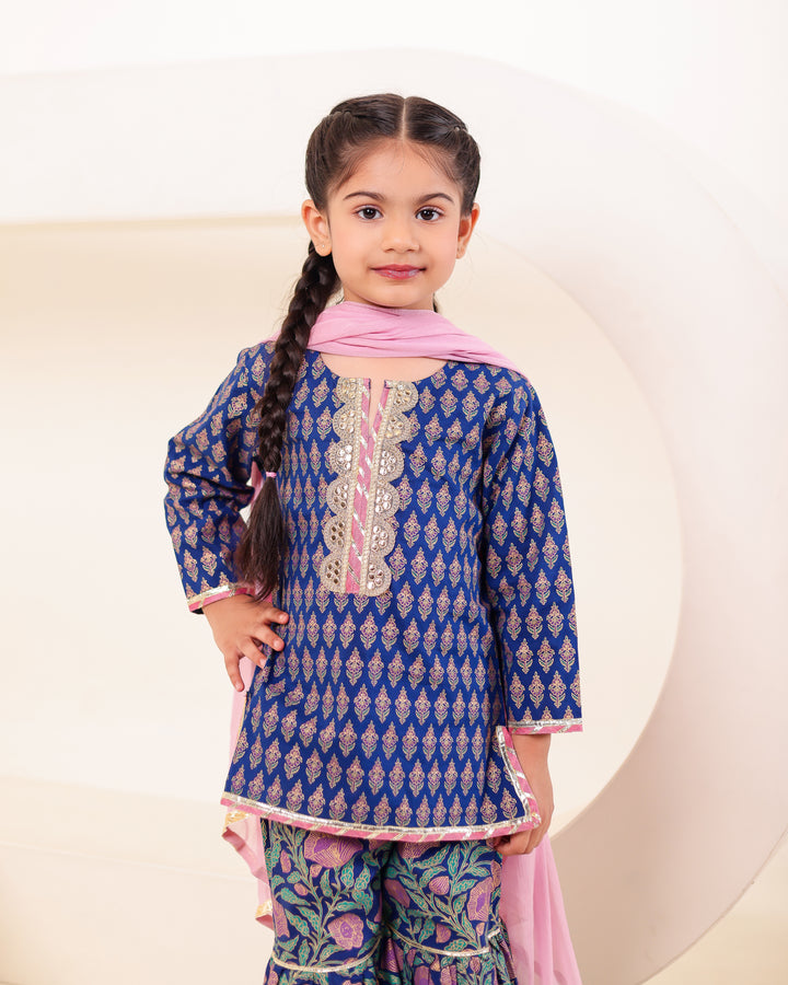 Girls Blue & Pink Floral Sharara Set (Set of 3)
