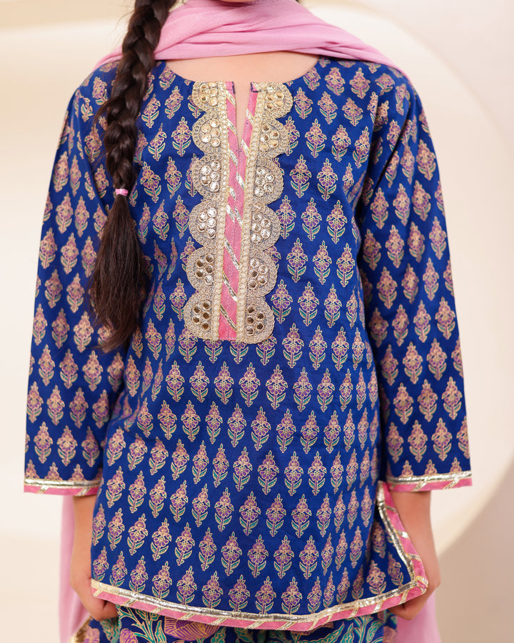 Girls Blue & Pink Floral Sharara Set (Set of 3)