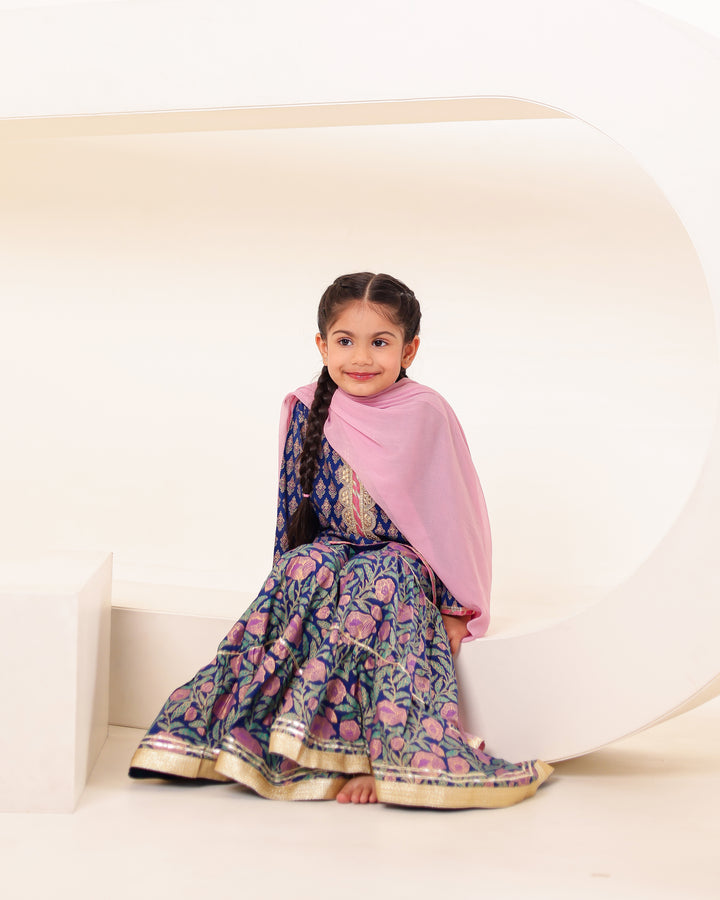 Girls Blue & Pink Floral Sharara Set (Set of 3)