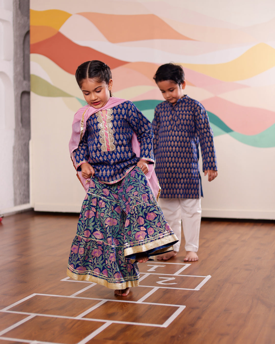 Girls Blue & Pink Floral Sharara Set (Set of 3)