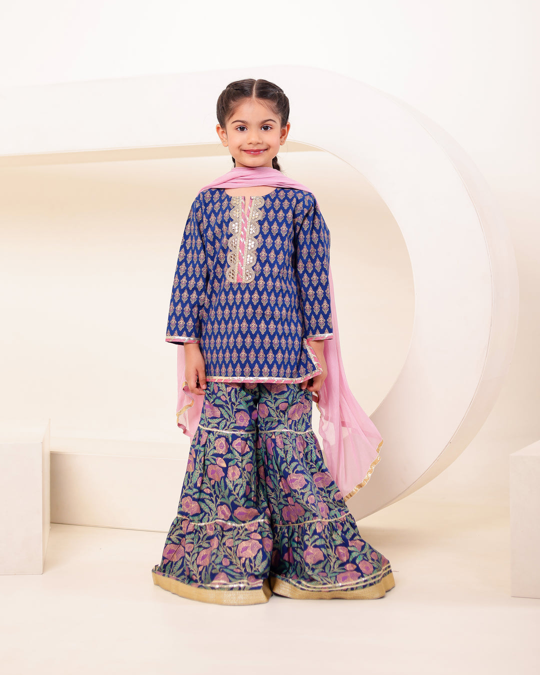 Girls Blue & Pink Floral Sharara Set (Set of 3)