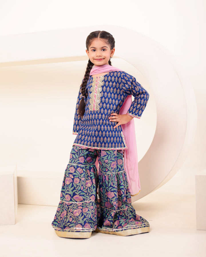 Girls Blue & Pink Floral Sharara Set (Set of 3) + Boys Royal Blue Geometric Print Kurta Set (Set of 2)