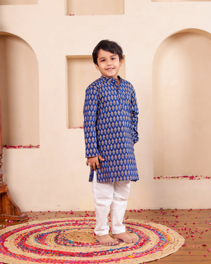 Girls Blue & Pink Floral Sharara Set (Set of 3) + Boys Royal Blue Geometric Print Kurta Set (Set of 2)