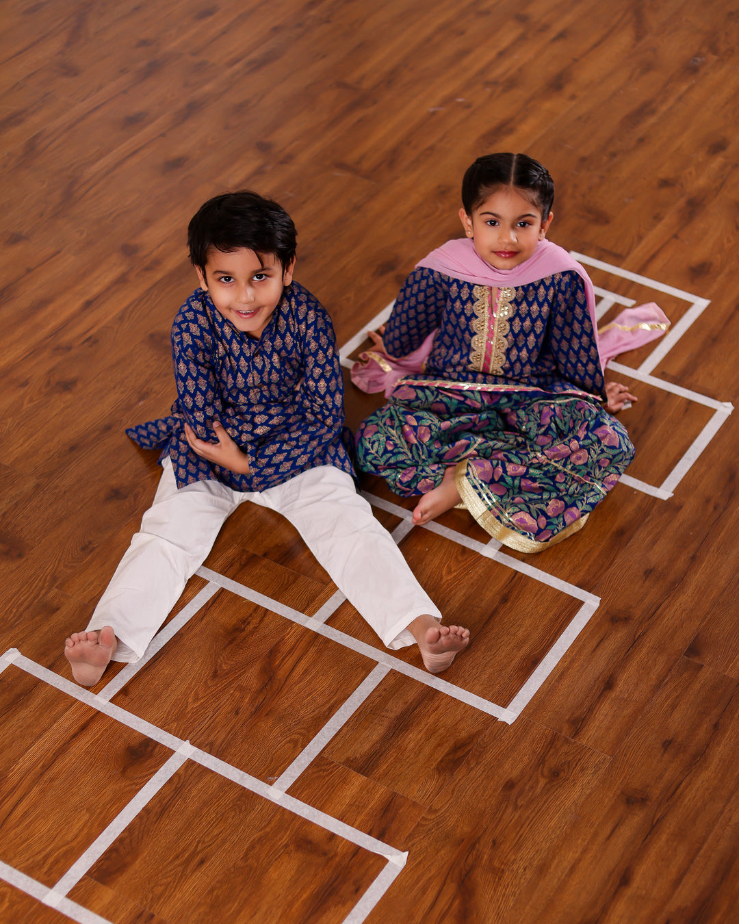 Girls Blue & Pink Floral Sharara Set (Set of 3) + Boys Royal Blue Geometric Print Kurta Set (Set of 2)