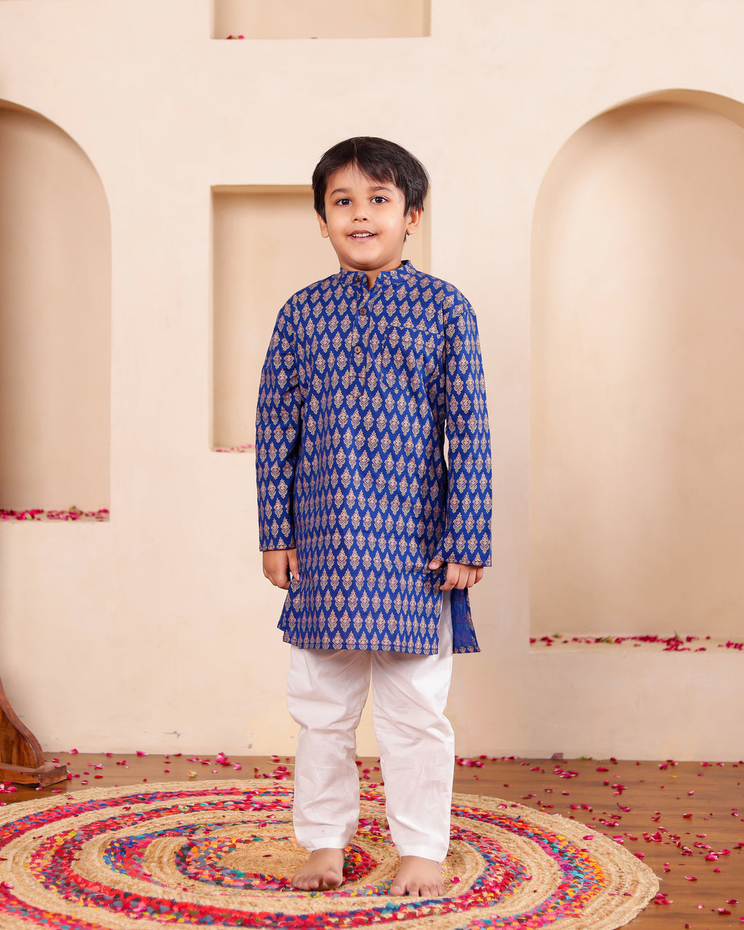 Boys Royal Blue Geometric Print Kurta Set (Set of 2)