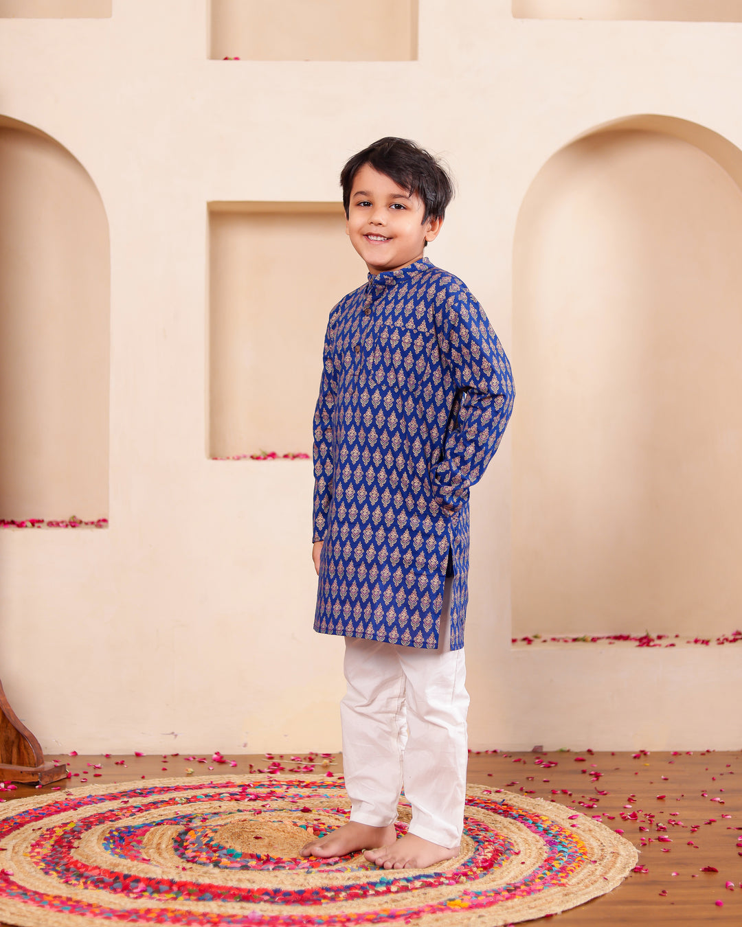 Boys Royal Blue Geometric Print Kurta Set (Set of 2)