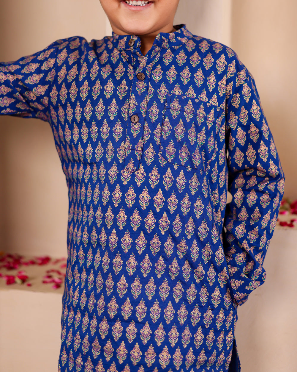 Boys Royal Blue Geometric Print Kurta Set (Set of 2)