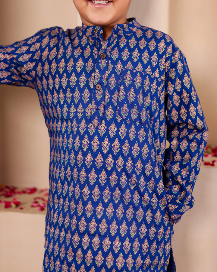 Boys Royal Blue Geometric Print Kurta Set (Set of 2)