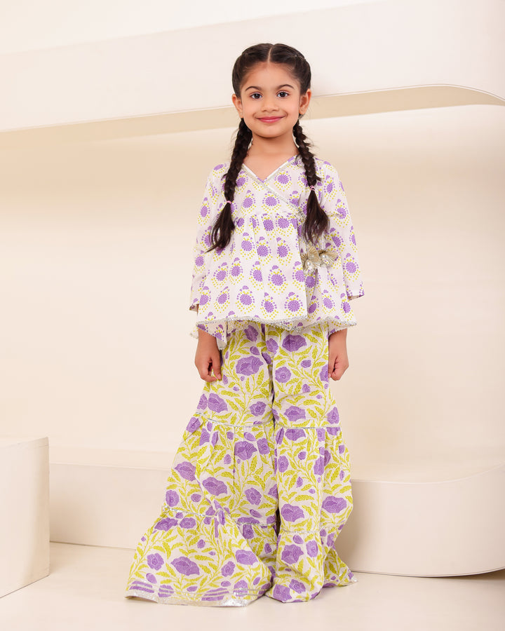 Girls Lilac Floral Angrakha Sharara Set (Set of 2)